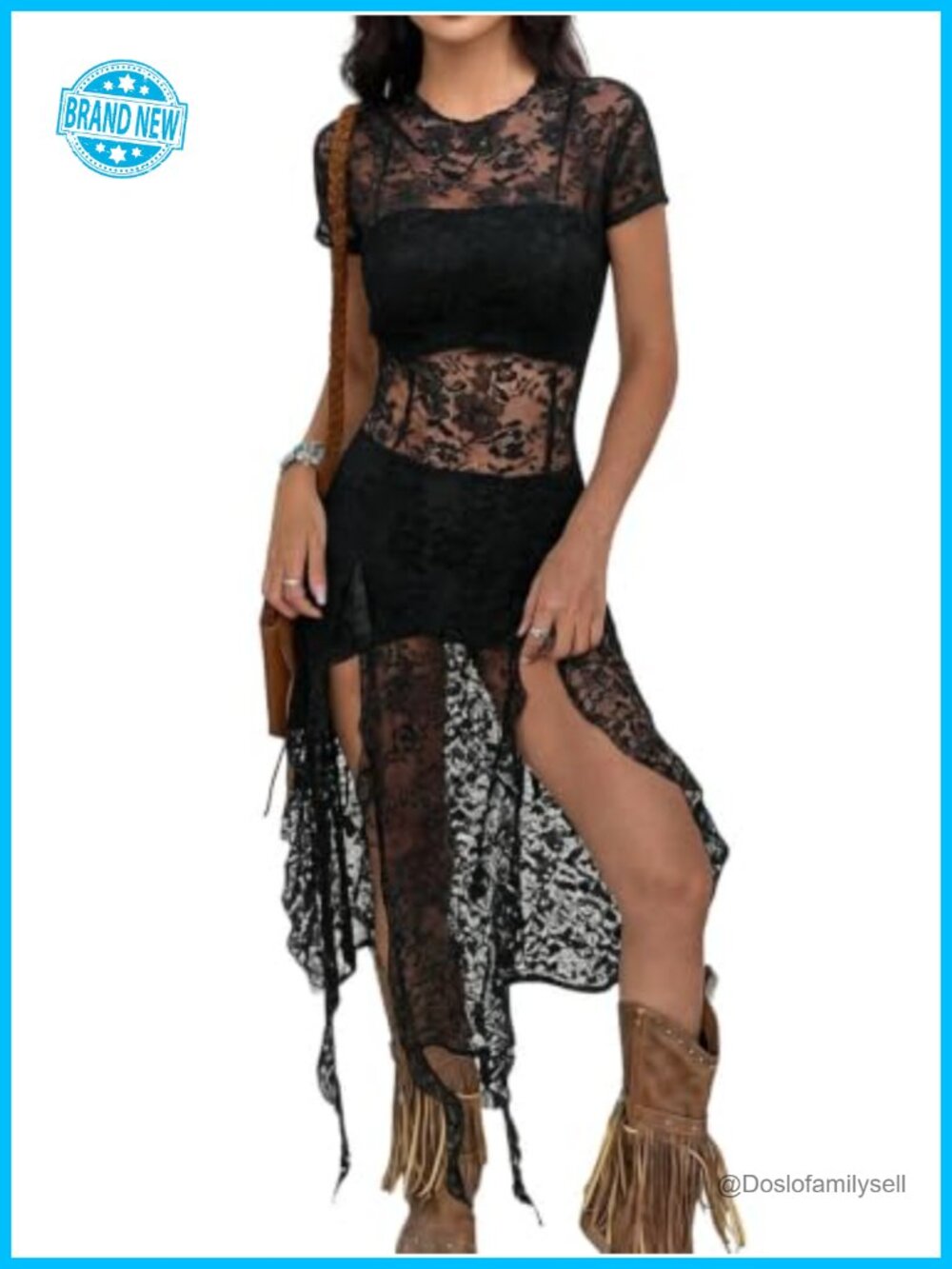 SHENHE Women's Sheer Floral Lace Mini Dress Ruffle Fringe Club Night Out